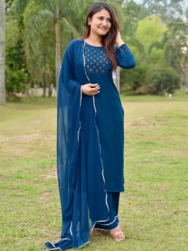 Women Blue Embroidered Rayon Straight Kurta With Palazzos & Dupatta