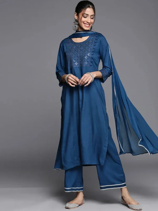 Women Blue Embroidered Rayon Straight Kurta With Palazzos & Dupatta - Image 6