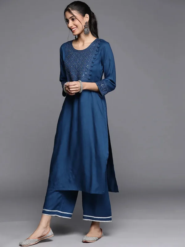 Women Blue Embroidered Rayon Straight Kurta With Palazzos & Dupatta - Image 5