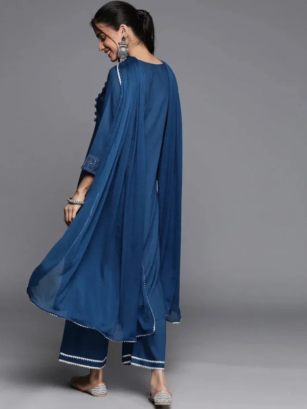 Women Blue Embroidered Rayon Straight Kurta With Palazzos & Dupatta - Image 4