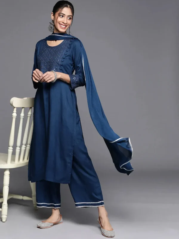 Women Blue Embroidered Rayon Straight Kurta With Palazzos & Dupatta - Image 7