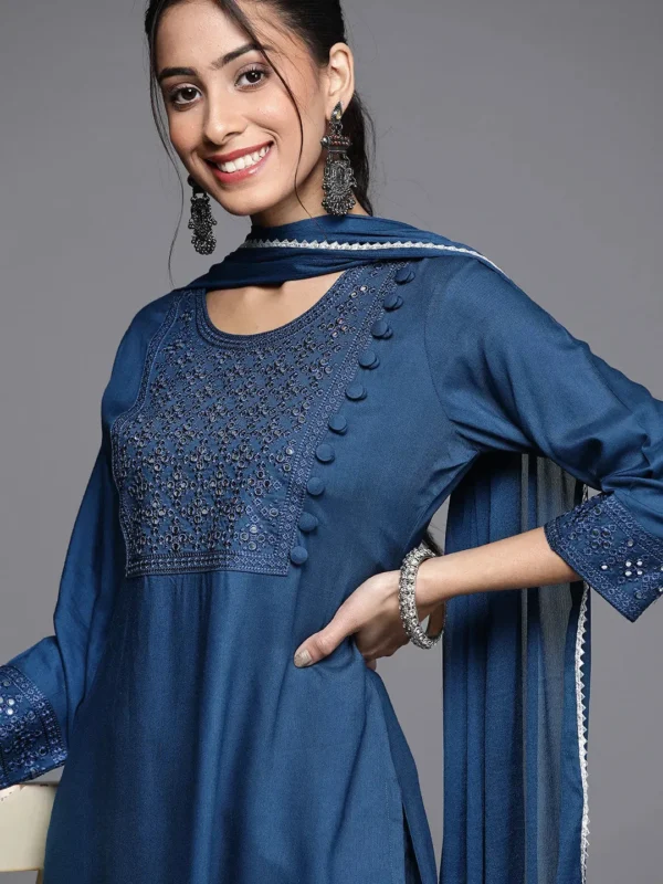 Women Blue Embroidered Rayon Straight Kurta With Palazzos & Dupatta - Image 3