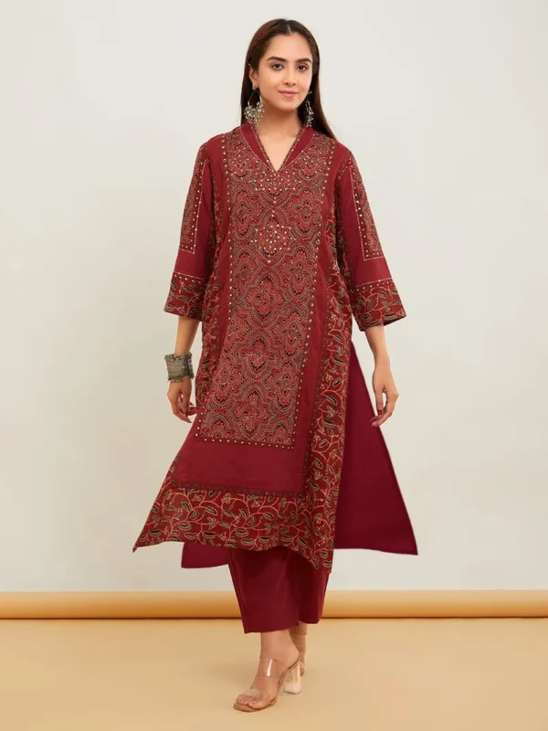 Women Red Ajrakh Patch Work Cotton Suit- Set