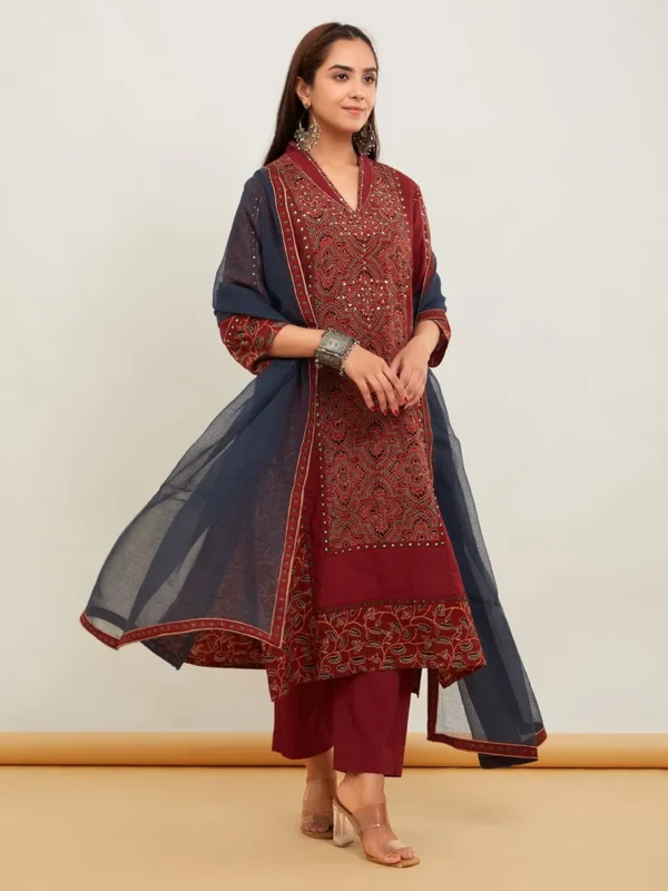Women Red Ajrakh Patch Work Cotton Suit- Set - Image 6