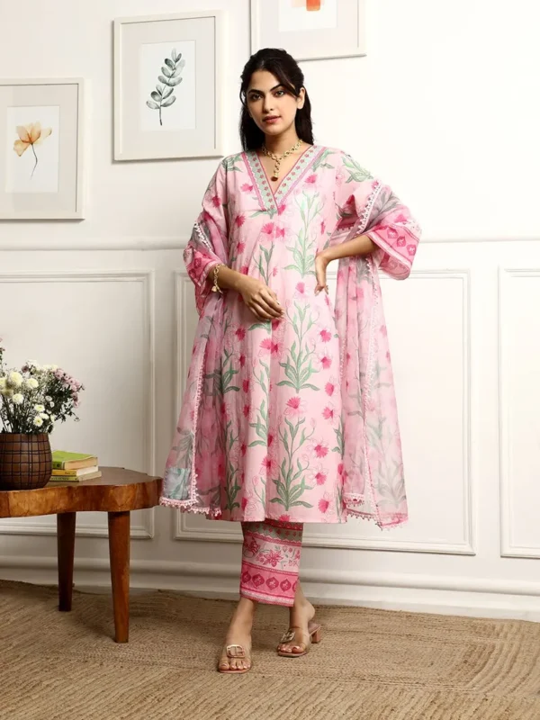 Women  Pink Printed Cotton Kurta with Pants- Set