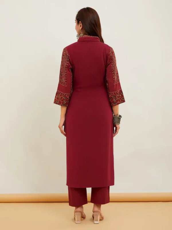 Women Red Ajrakh Patch Work Cotton Suit- Set - Image 3