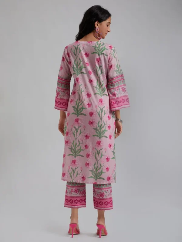 Women  Pink Printed Cotton Kurta with Pants- Set - Image 2
